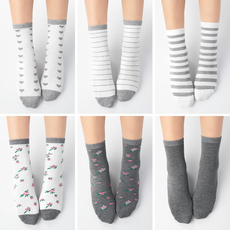 Socksfad Store 6 Pairs Cotton Crew Socks for Women, Breathable Novelty Funny Striped Dot Casual Cute Calf Socks Size 6-12 - Image 4